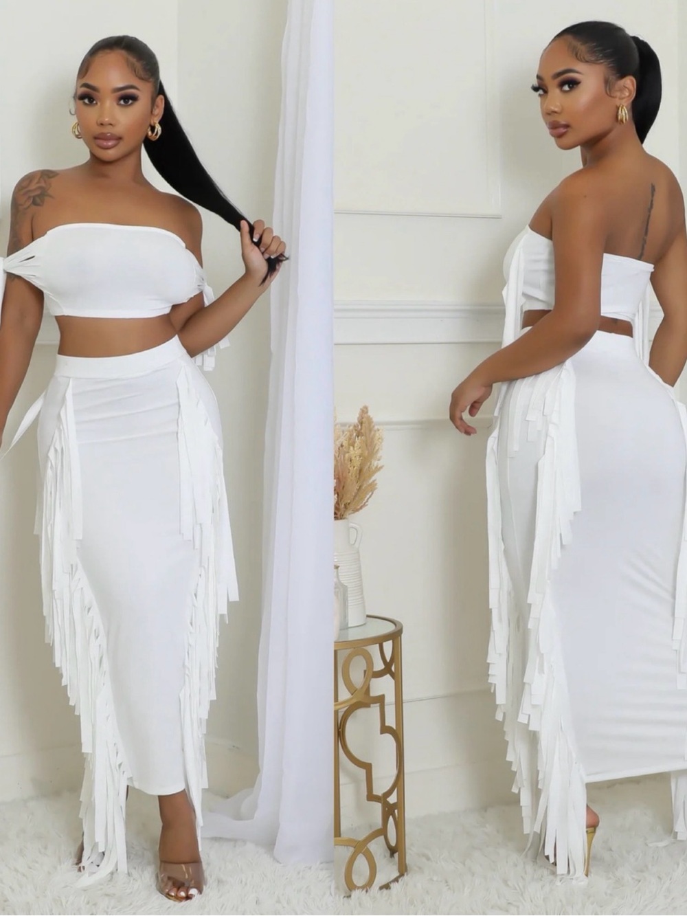 Women’s White Fringe Maxi Skirt - Sleek High-Waist Design